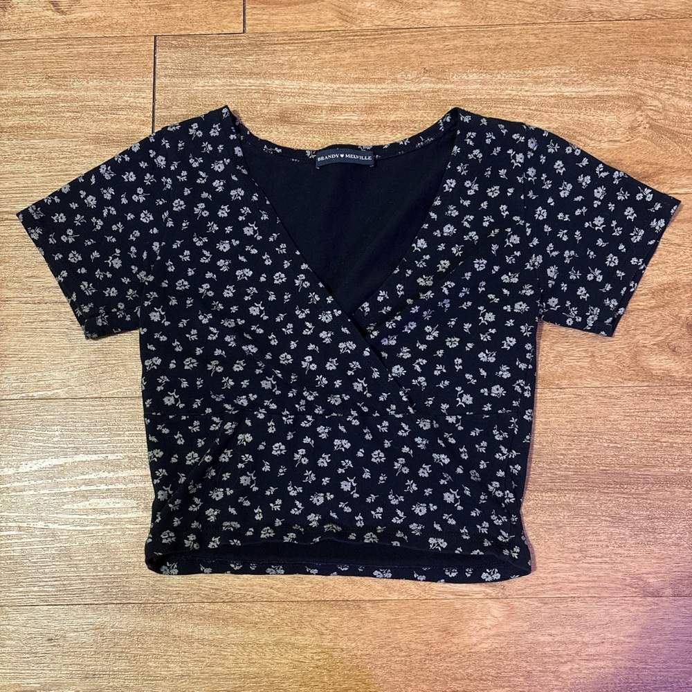 Brandy Melville Black Floral Wrap Blouse